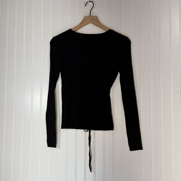 Brave Soul Wrap Top Ribbed Knit Long Sleeve Sweater Black Tie Waist M NWT Goth - Picture 3 of 12